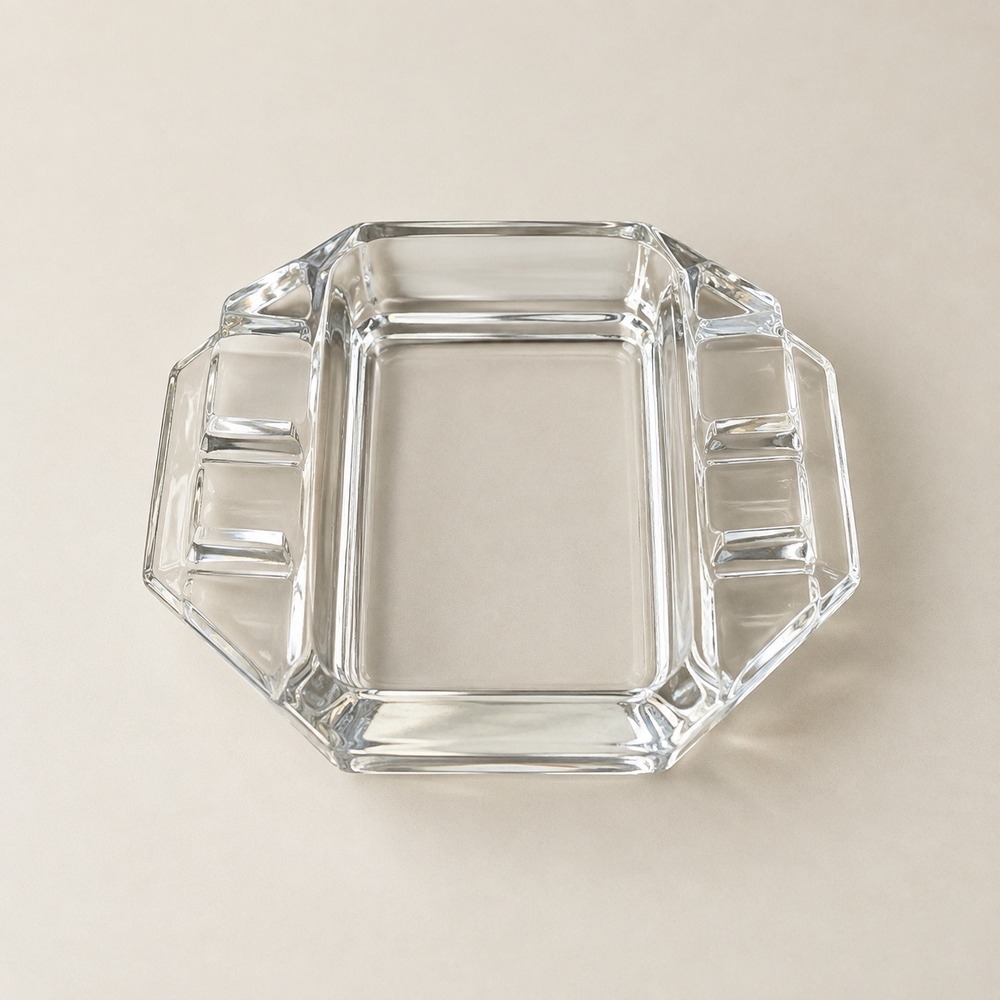 Vintage Clear Glass Octagon Ashtray Mid Century Modern Geometric Art Deco Cigar